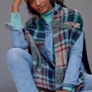 Anthropologie Andersen & Lauth Davis Blue Green Plaid Zipper Capelet Cape NWT
